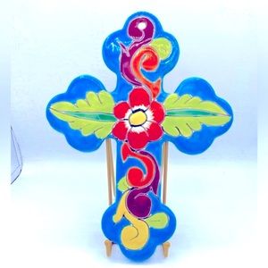 Vintage Turquoise Handmade Hand Painted Terracotta Pottery Cross Wall Hanging